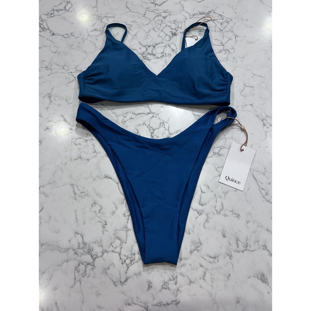 Nwt Quince Lagoon Teal Blue Italian V Neck Bikini Top & Dipped High Leg Bottom M